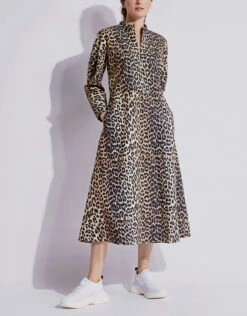 Ganni Leopard Cotton Poplin High Neck Midi Dress -Gani Clothing Shop 136083
