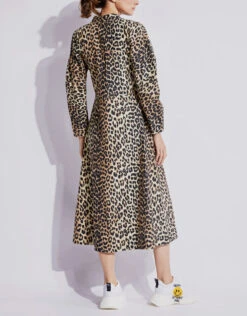 Ganni Leopard Cotton Poplin High Neck Midi Dress -Gani Clothing Shop 136084