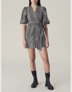 Ganni Seersucker Check Wrapped Mini Dress -Gani Clothing Shop 191376