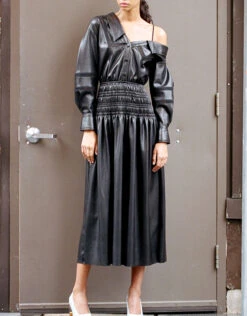 SELF PORTRAIT Self-Portrait Faux Leather Off-the-Shoulder Midi Dress -Gani Clothing Shop 256641