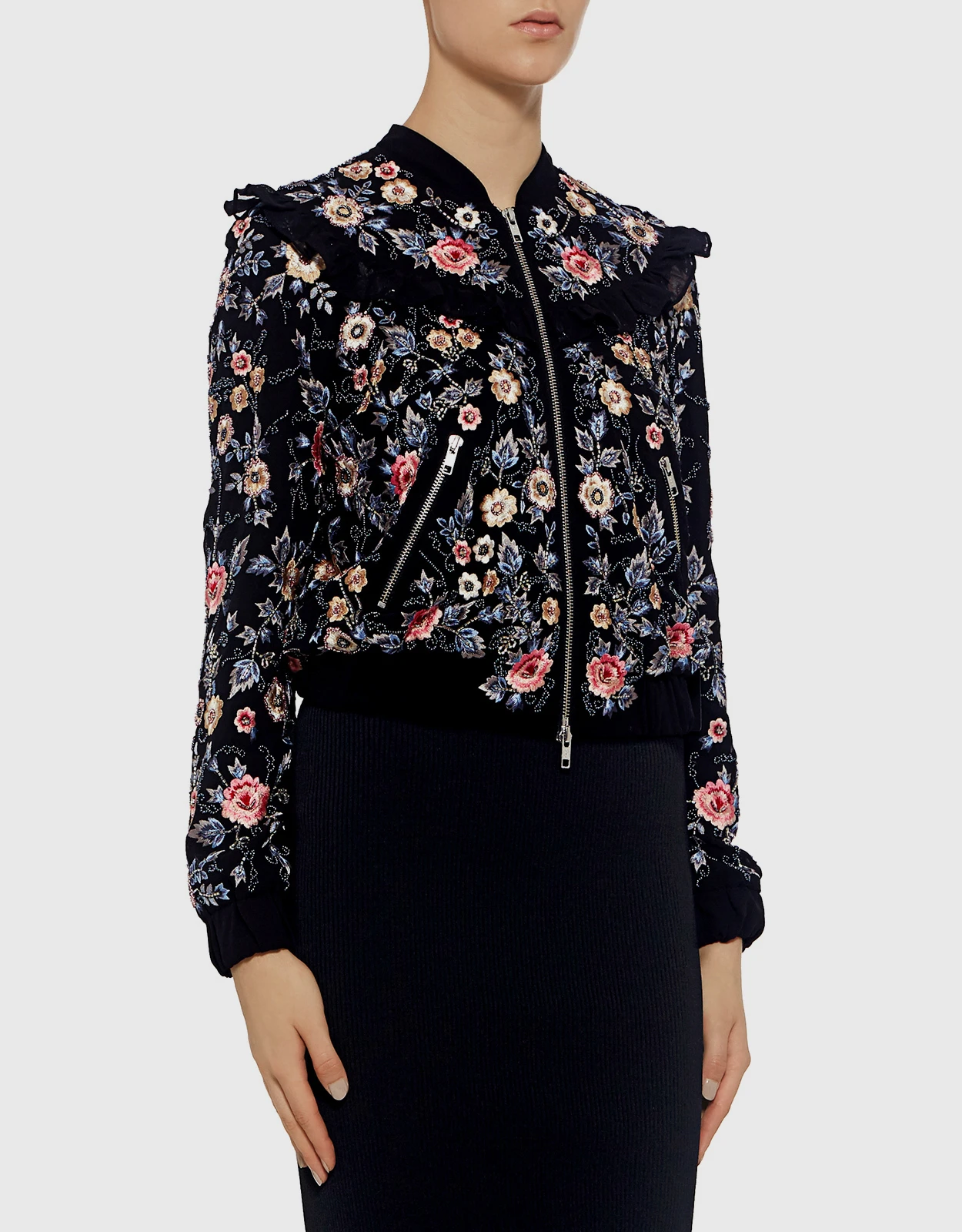 Needle & Thread Whisper Floral Embroidered Ruffle Bomber Jacket 6 Needle & Thread Whisper Floral Embroidered Ruffle Bomber Jacket - Image 4