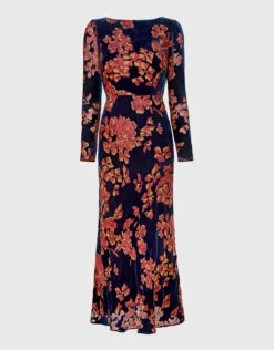 Saloni Tina Boat-neck Open Back Velvet Floral Midi Dress