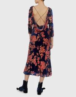 Saloni Tina Boat-neck Open Back Velvet Floral Midi Dress -Gani Clothing Shop 27748