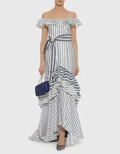 Alexis Madelia Off The Shoulder Striped Ruffled High Low Gown -Gani Clothing Shop 31012