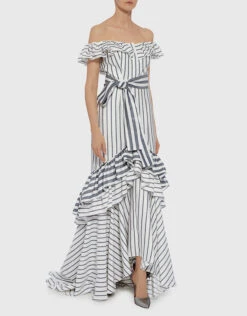 Alexis Madelia Off The Shoulder Striped Ruffled High Low Gown -Gani Clothing Shop 31013