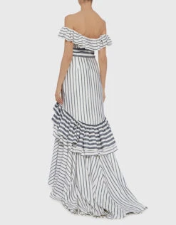 Alexis Madelia Off The Shoulder Striped Ruffled High Low Gown -Gani Clothing Shop 31014