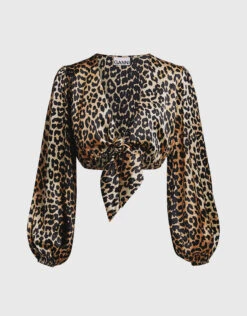 Ganni Blakely Leopard Silk-blend Cropped Top