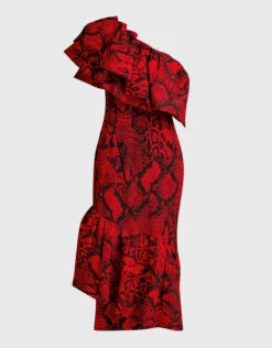 Solace London Heppy One-shoulder Ruffled Snake Print Midi Dress -Gani Clothing Shop 44563