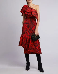 Solace London Heppy One-shoulder Ruffled Snake Print Midi Dress -Gani Clothing Shop 44790
