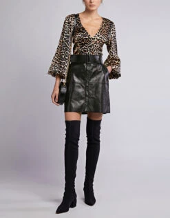 Ganni Leopard Print V-neck Silk-blend Satin Blouse -Gani Clothing Shop 45070