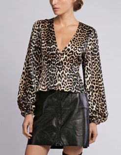 Ganni Leopard Print V-neck Silk-blend Satin Blouse -Gani Clothing Shop 45071
