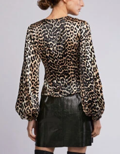 Ganni Leopard Print V-neck Silk-blend Satin Blouse -Gani Clothing Shop 45072
