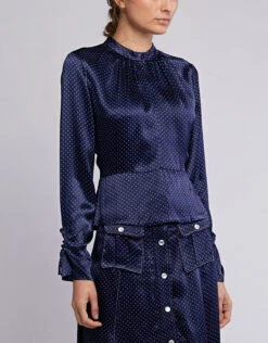 Ganni High Neck Cut-out Back Dotted Satin Blouse -Gani Clothing Shop 45346