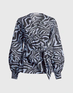 Ganni V-neck Tiger-print Cotton Wrapped Shirt Top