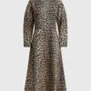Ganni Leopard Cotton Poplin High Neck Midi Dress