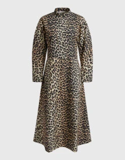 Ganni Leopard Cotton Poplin High Neck Midi Dress