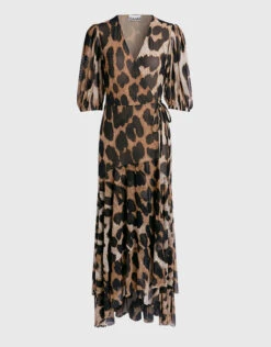 Ganni Leopard Print V-neck Wrapped Maxi Dress