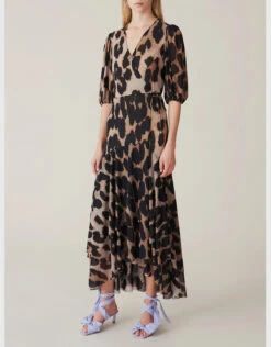 Ganni Leopard Print V-neck Wrapped Maxi Dress -Gani Clothing Shop 90099